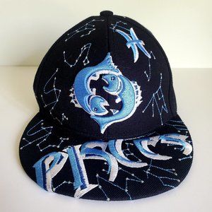 Embroidered Astrology Pisces Fitted Cap Baseball Hat Stars Fish Black & Blue